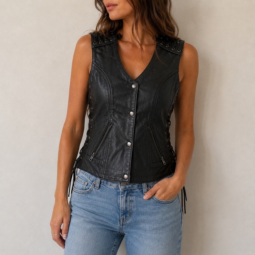Unik Black Leather Biker Vest Lace Up Sides Small Biker Rocker Punk Indie Boho
